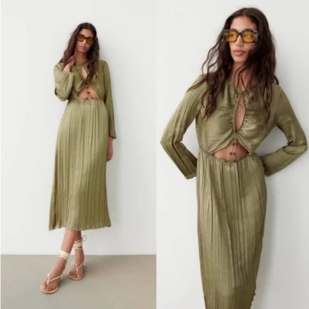 Zara Pleated Beaded Cut Out Satin Dress Olive Green